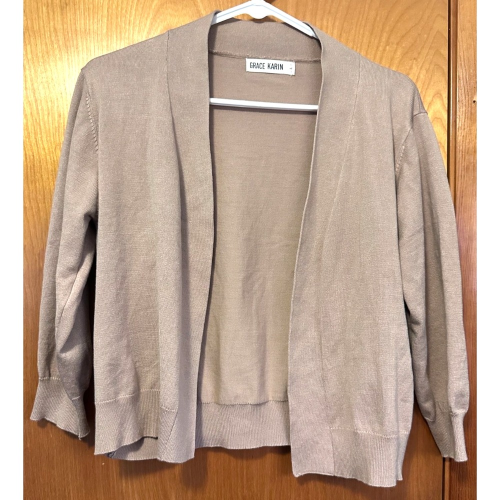 Grace Karin Open Front Taupe Cardigan Knit Sweater Large
